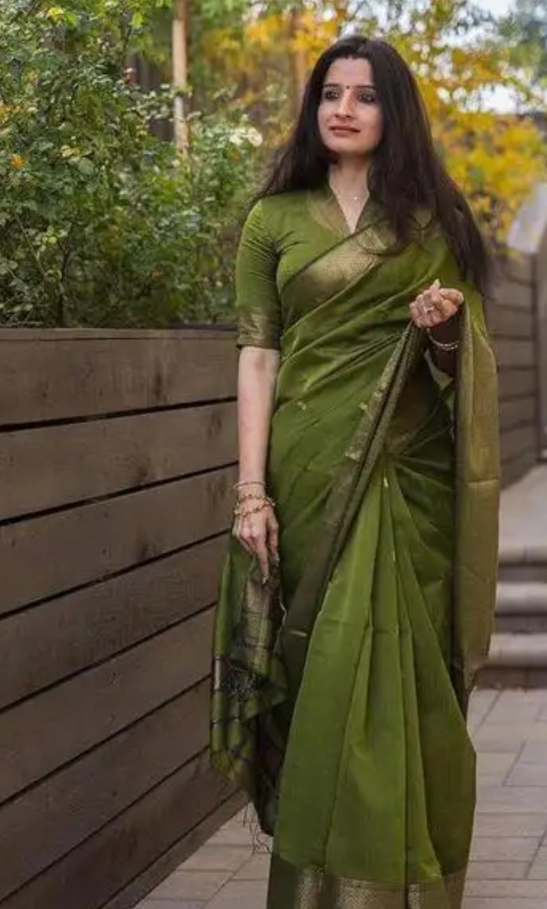 Elegant Olive Green Silk Blend Saree with Zari Border