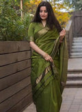 Elegant Olive Green Silk Blend Saree with Zari Border