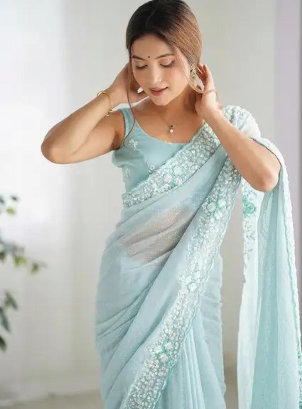 Pastel Powder Blue Saree with Intricate Threadwork Border