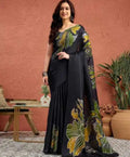 Bold Black Satin Silk Saree with Abstract Floral Prints