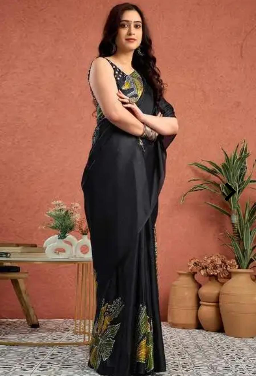 Bold Black Satin Silk Saree with Abstract Floral Prints