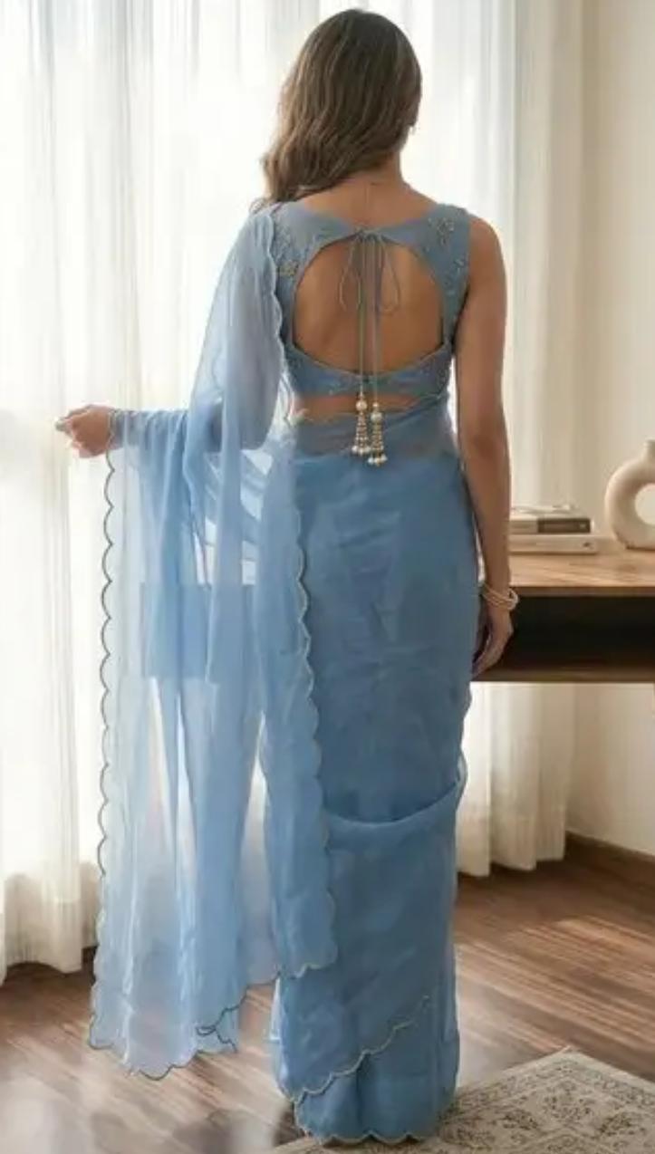 Serene Sky Blue Chiffon Saree with Fine Scalloped Hem