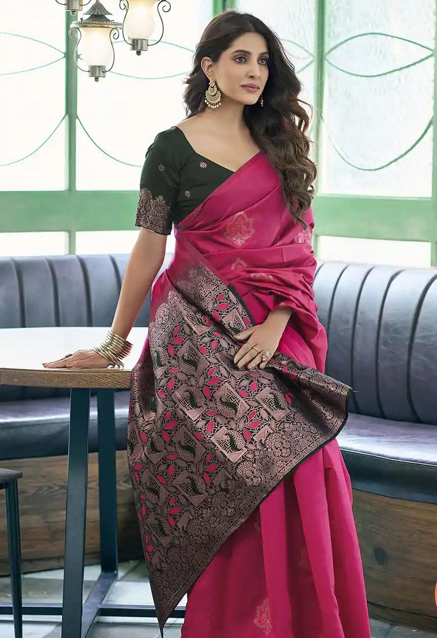 Elegant Deep Magenta Woven Art Silk Saree with Contrast Border