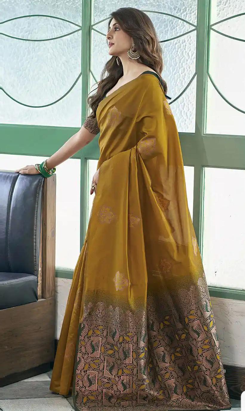 Sophisticated Mustard Yellow Jacquard Silk Saree with Zari Border
