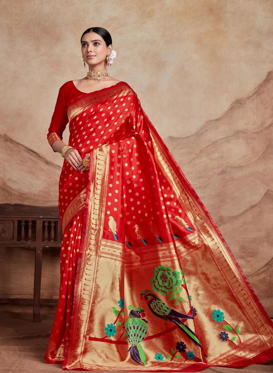 Regal Crimson Red Paithani Style Silk Saree with Minakari Pallu