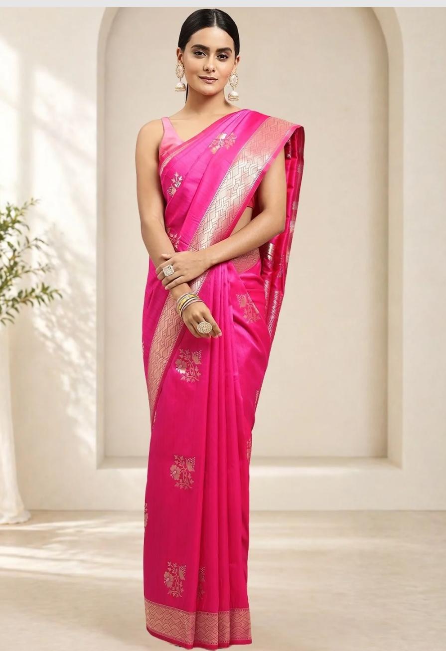 Vibrant Rani Pink Soft Silk Saree with Geometric Zari Border