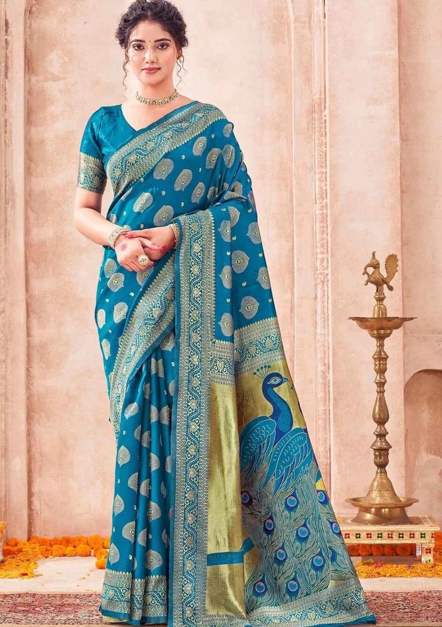 Royal Peacock Blue Banarasi Silk Saree with Peacock Motif Pallu
