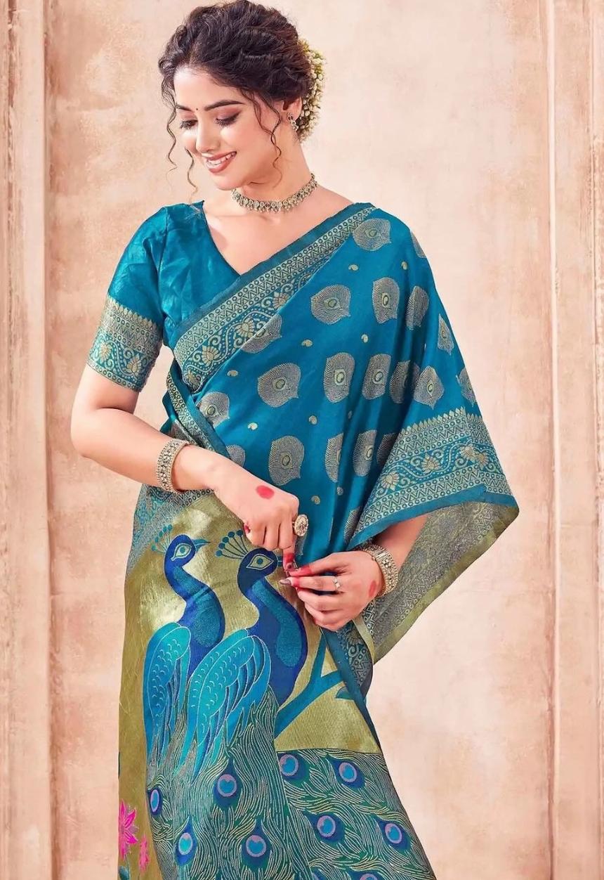Royal Peacock Blue Banarasi Silk Saree with Peacock Motif Pallu
