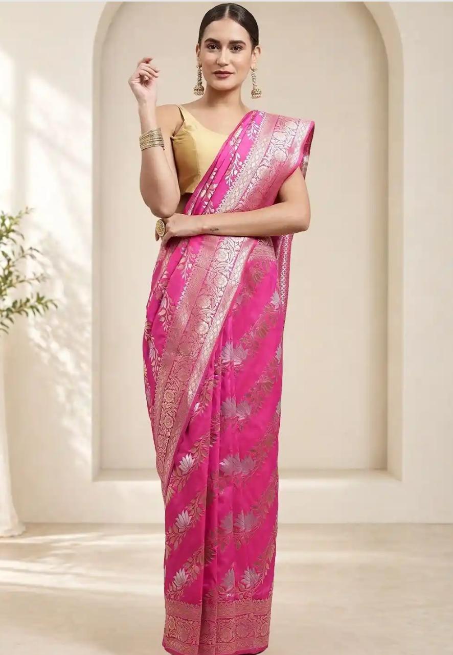 Vibrant Rani Pink Banarasi Silk Saree with Zari Lotus Motifs
