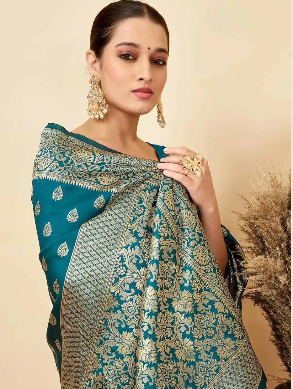 Deep Teal Blue Banarasi Katan Silk Saree with All-Over Zari Buttis