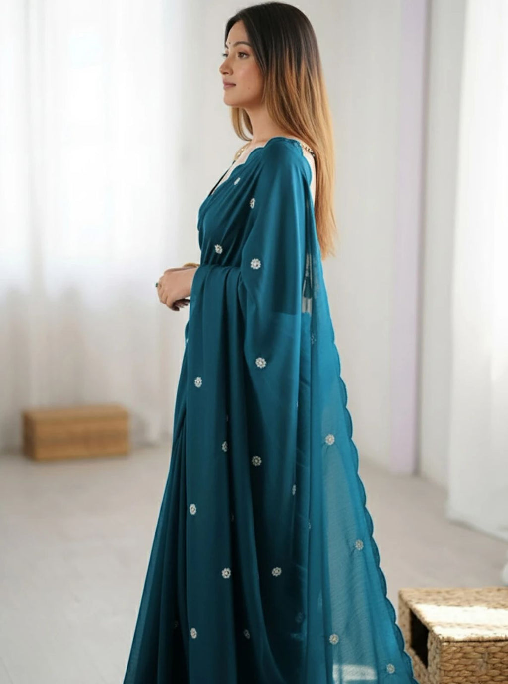 Sophisticated Teal Blue Soft Crepe Saree with Scalloped Embroidered Border