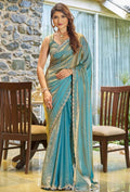 Elegant Ice Blue Metallic Shimmer Tissue Saree with Scalloped Border