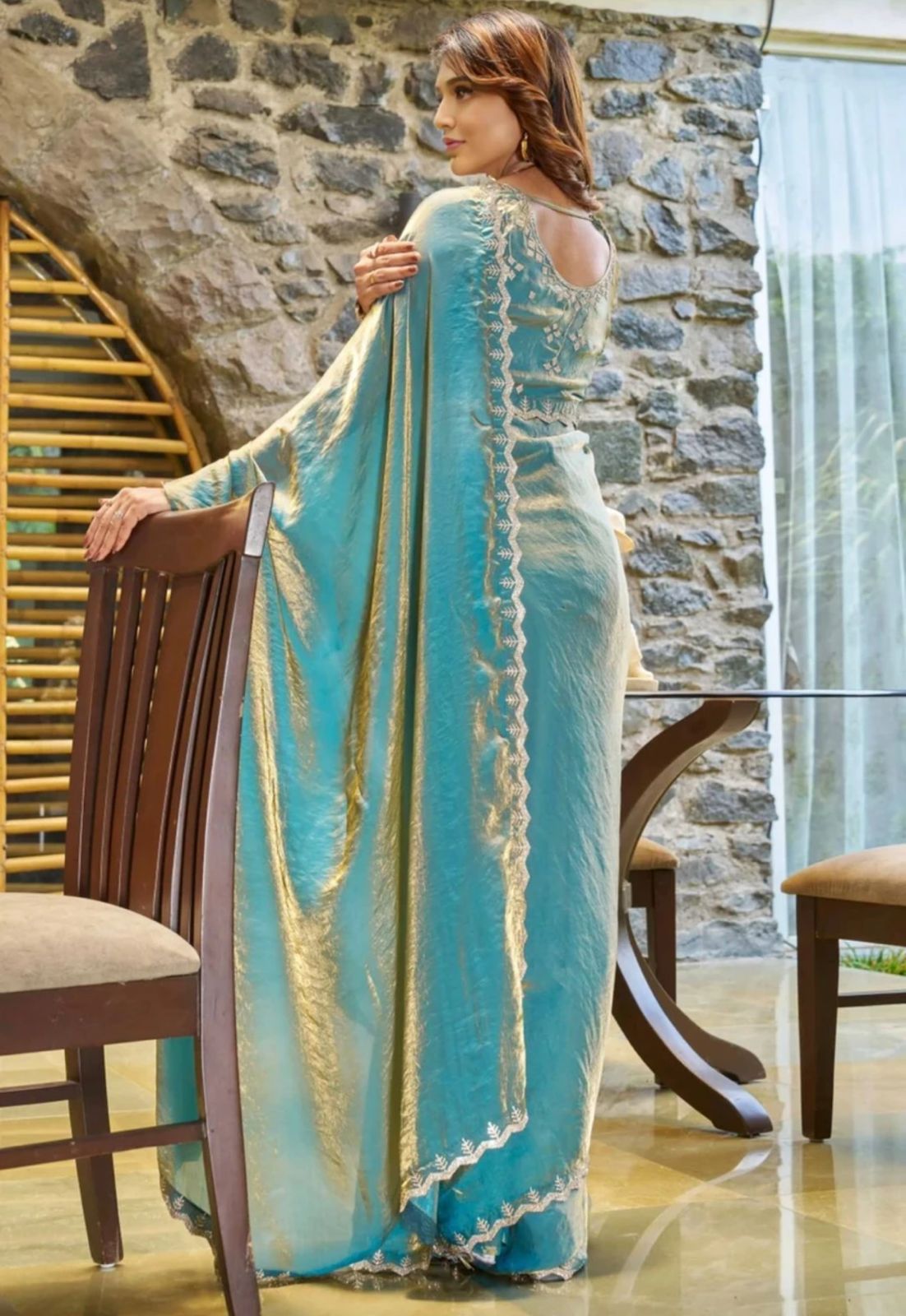Elegant Ice Blue Metallic Shimmer Tissue Saree with Scalloped Border