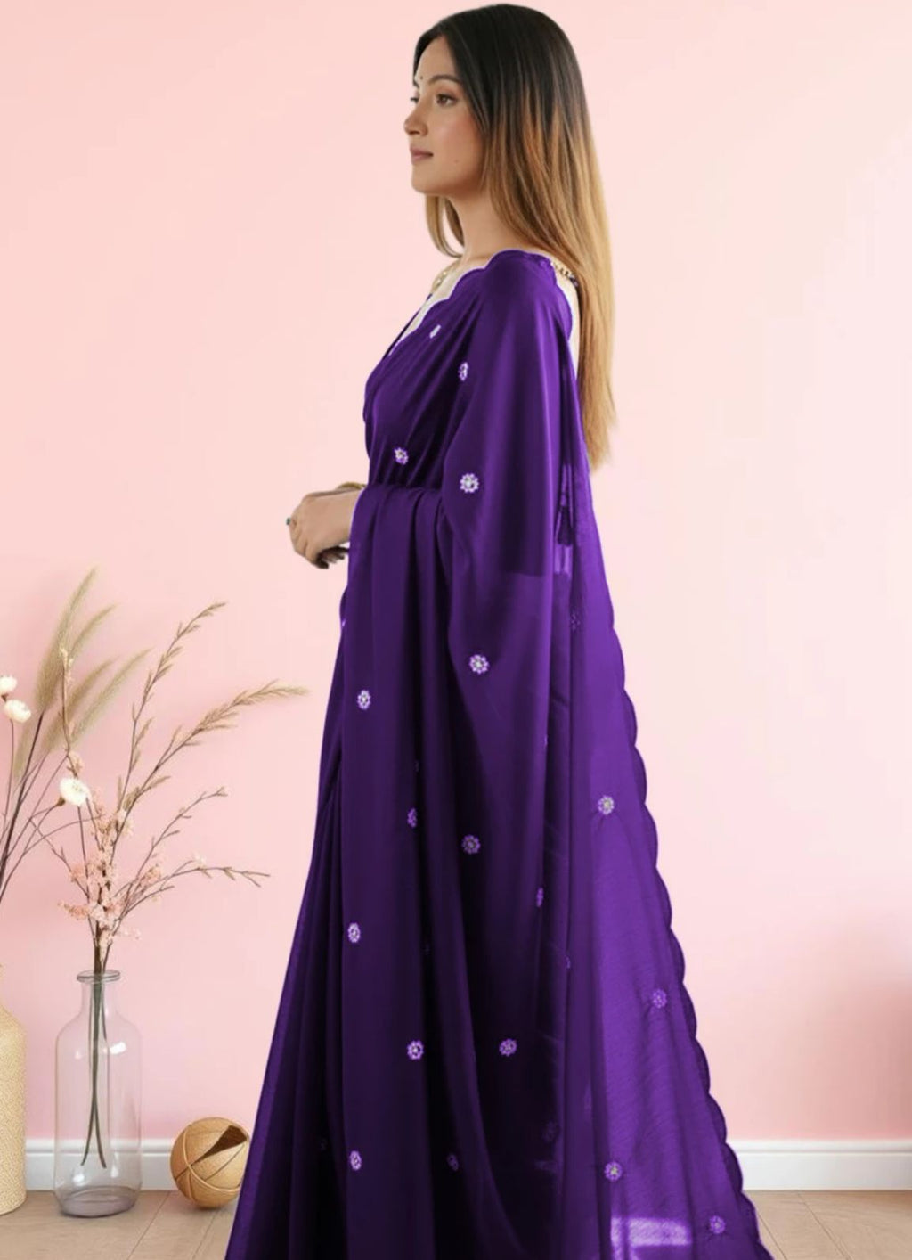 Luxury Deep Royal Violet Saree with Scalloped Embroidered Border