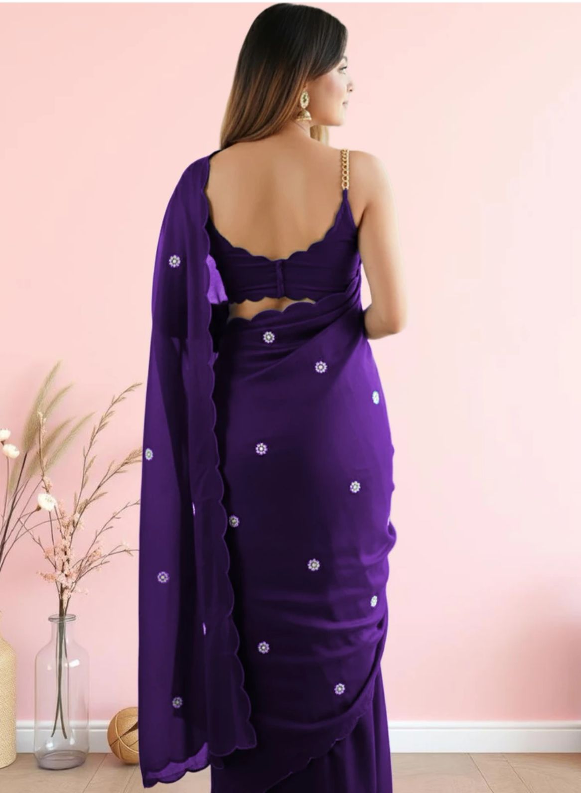 Luxury Deep Royal Violet Saree with Scalloped Embroidered Border