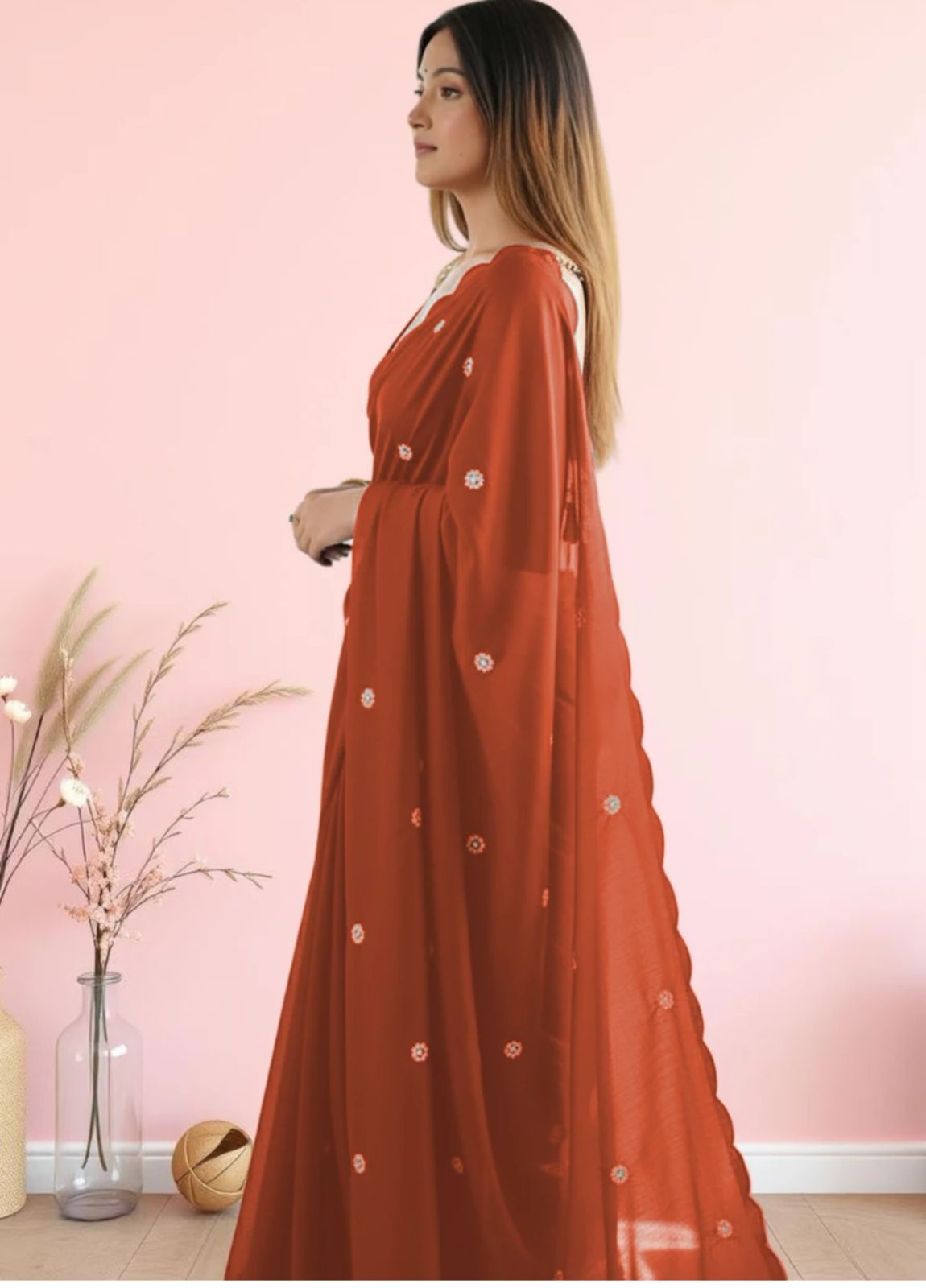 Festive Mustard Yellow Georgette Saree with Delicate Scalloped Embroidery