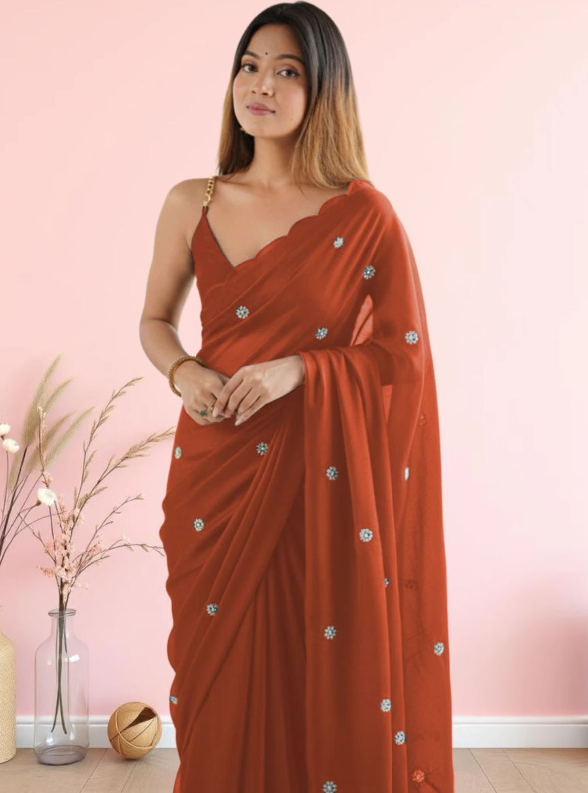Festive Mustard Yellow Georgette Saree with Delicate Scalloped Embroidery
