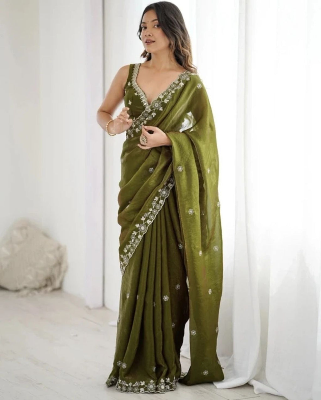 Enchanting Olive Green Saree with Intricate Scalloped Embroidered Border