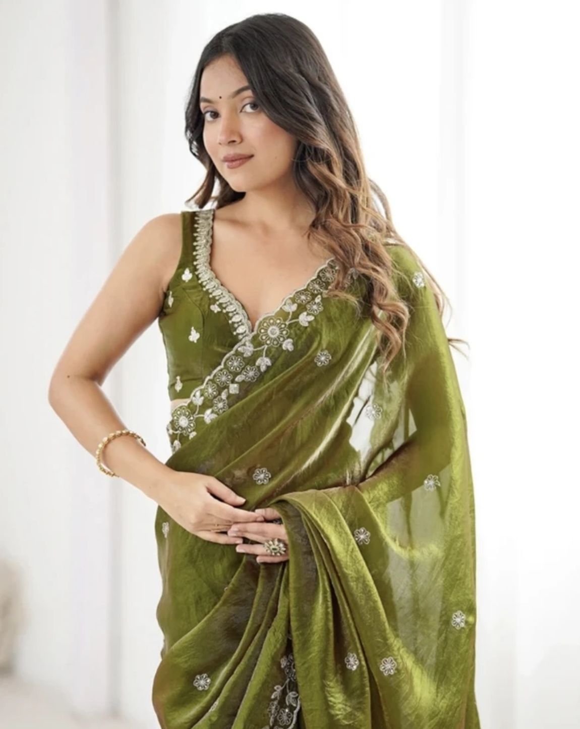 Enchanting Olive Green Saree with Intricate Scalloped Embroidered Border