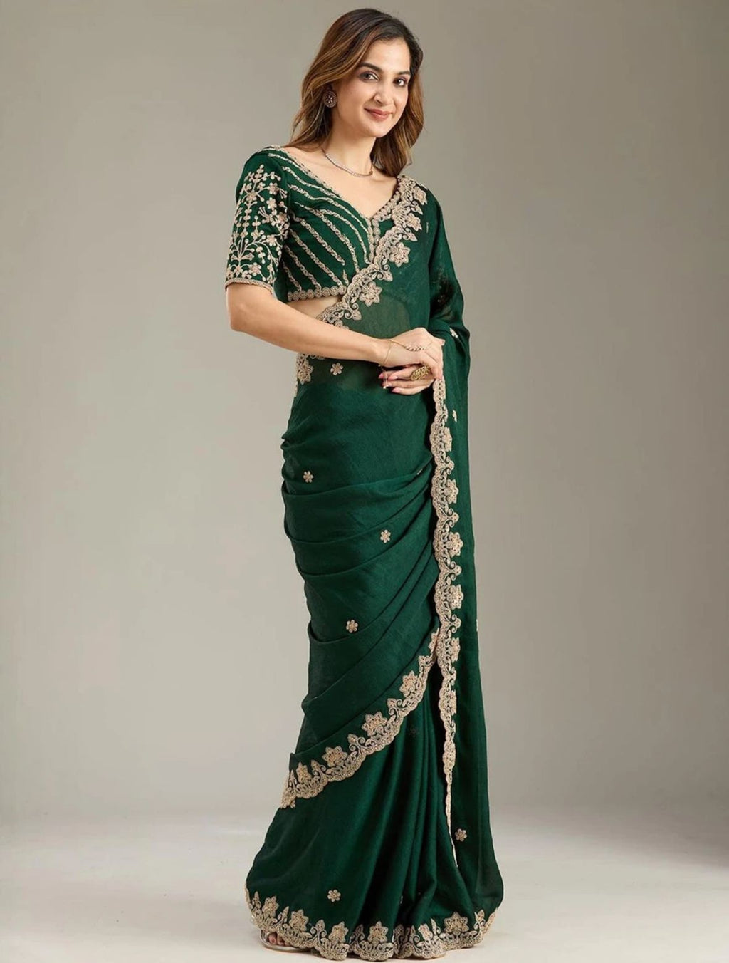 Regal Forest Green Saree with Elaborate Cream Scalloped Border