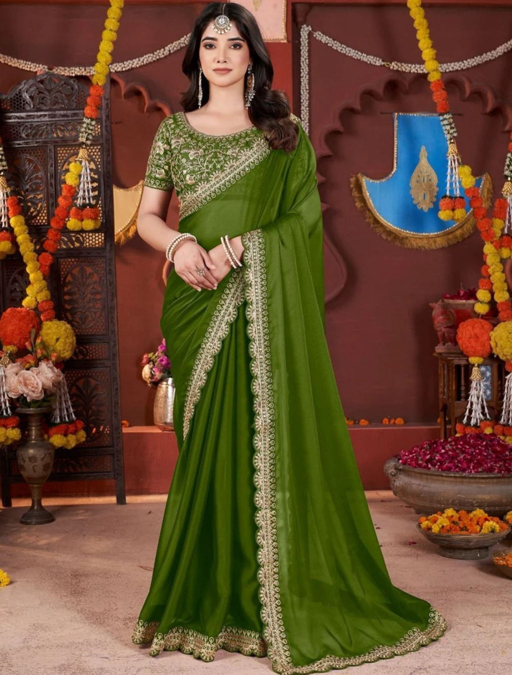 Classic Moss Green Silk-Blend Saree with Elegant Embroidered Border