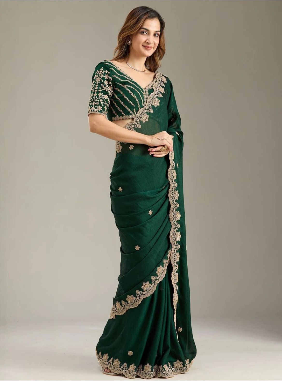 Regal Forest Green Saree with Elaborate Cream Scalloped Border