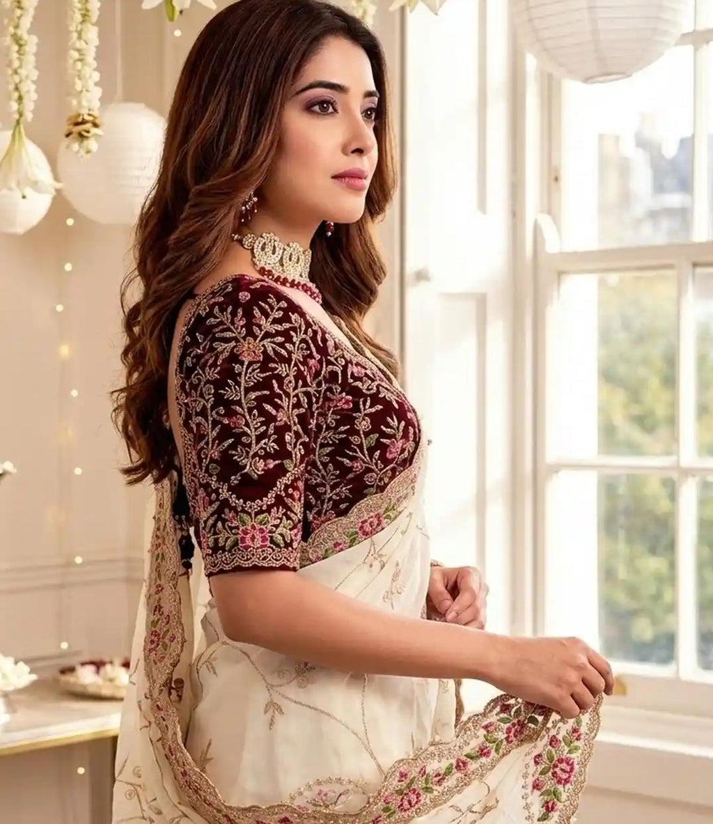 Ivory White Organza Saree with Intricate Floral Embroidery and Scalloped Border