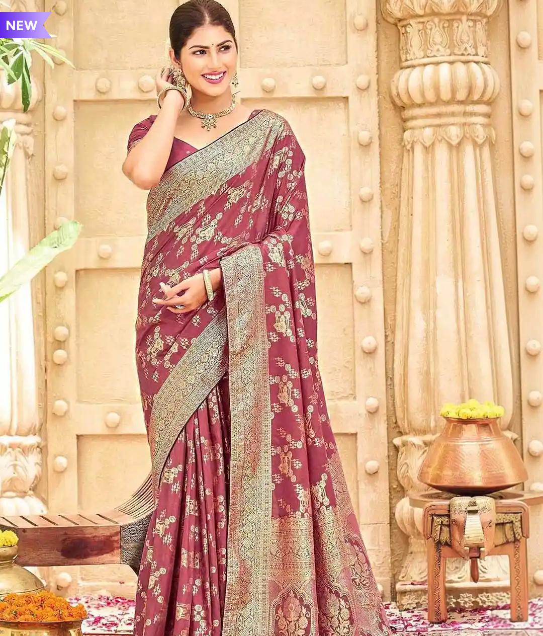 Regal Dusty Rose Banarasi Art Silk Saree with All-Over Gold Zari Bootis