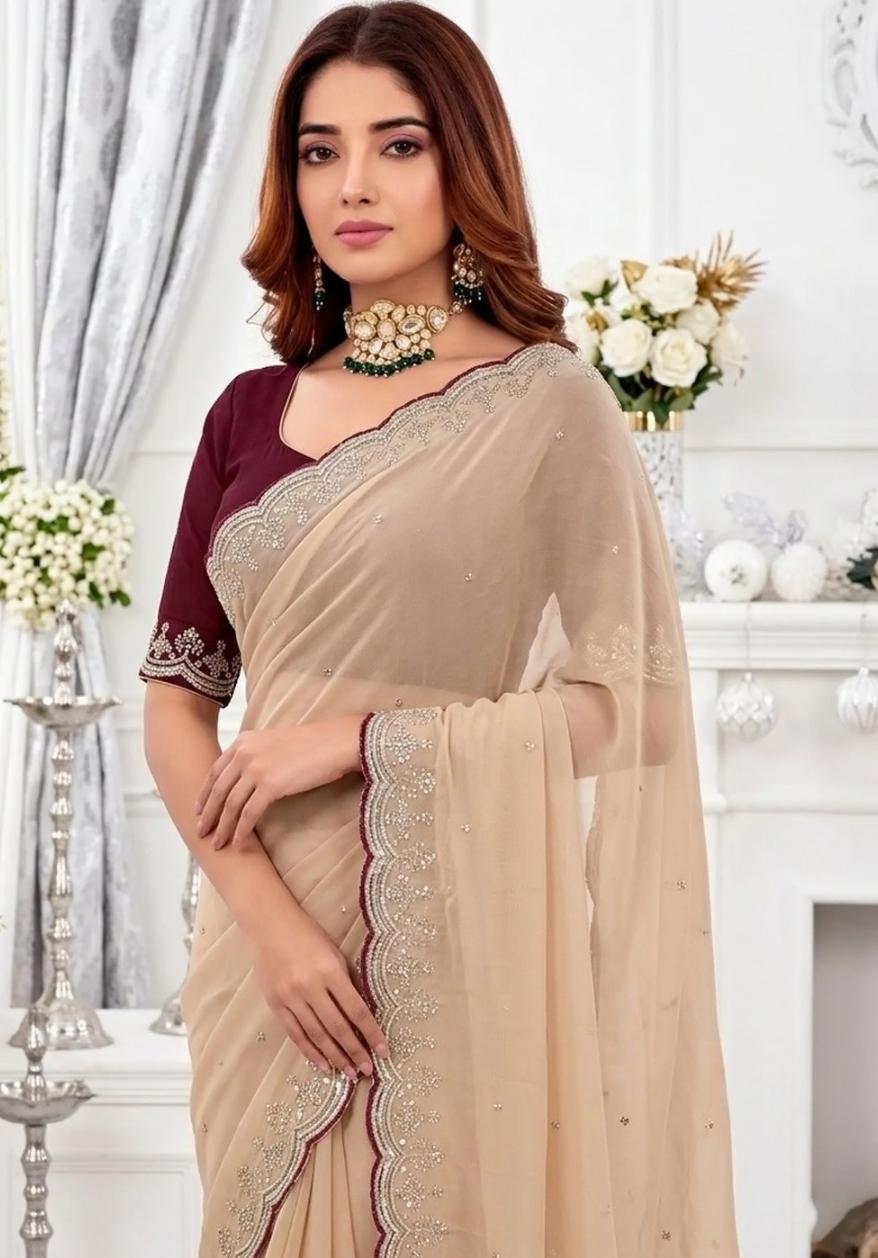 Sophisticated Beige Organza Saree with Delicate Silver Embroidered Cutwork