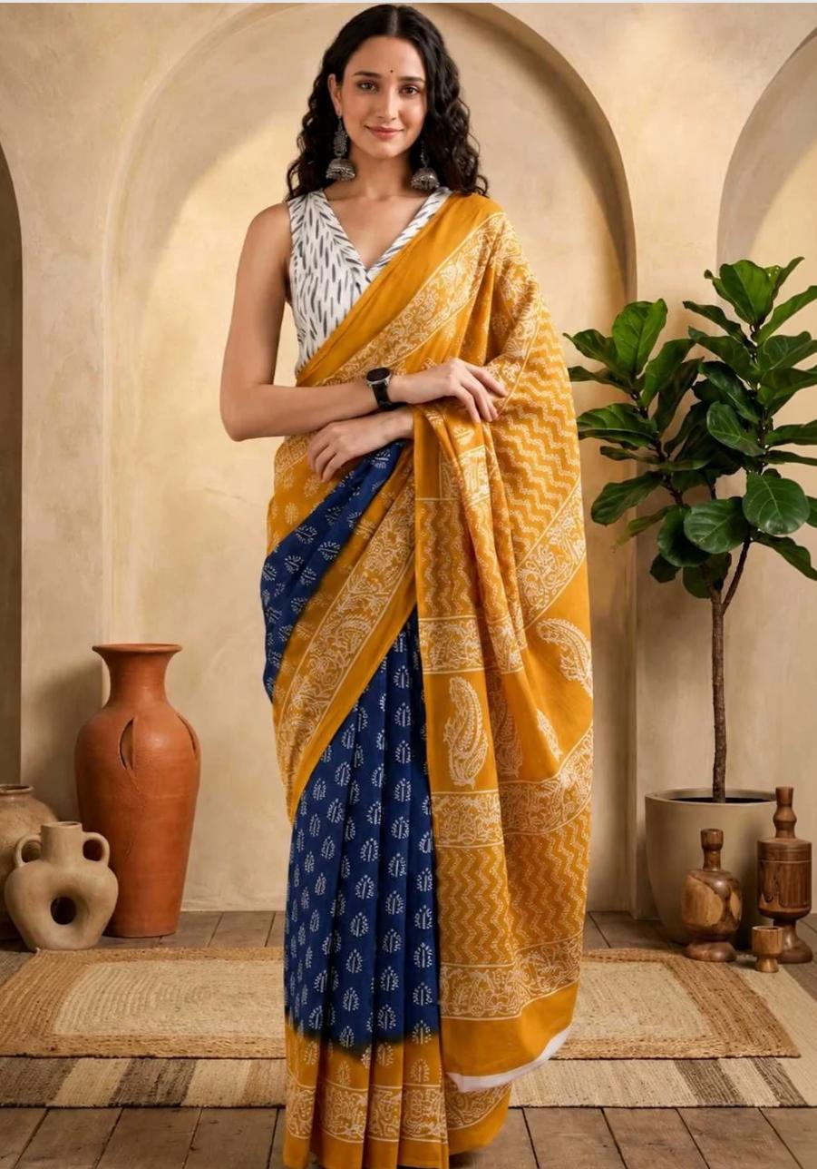 Mustard Yellow and Indigo Blue Fusion Hand-Block Printed Cotton Saree