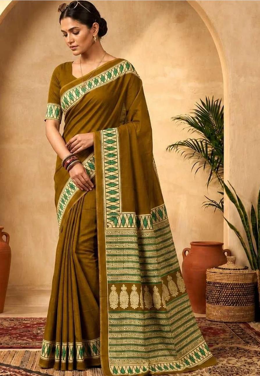 Earthy Olive Green Handloom Cotton Saree with Traditional Printed Border