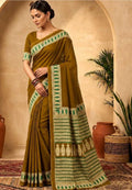 Earthy Olive Green Handloom Cotton Saree with Traditional Printed Border