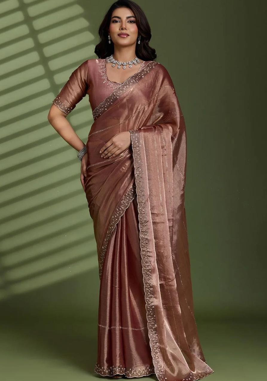 Enchanting Rose Gold Metallic Tissue Silk Saree with Embroidered Scalloped Border