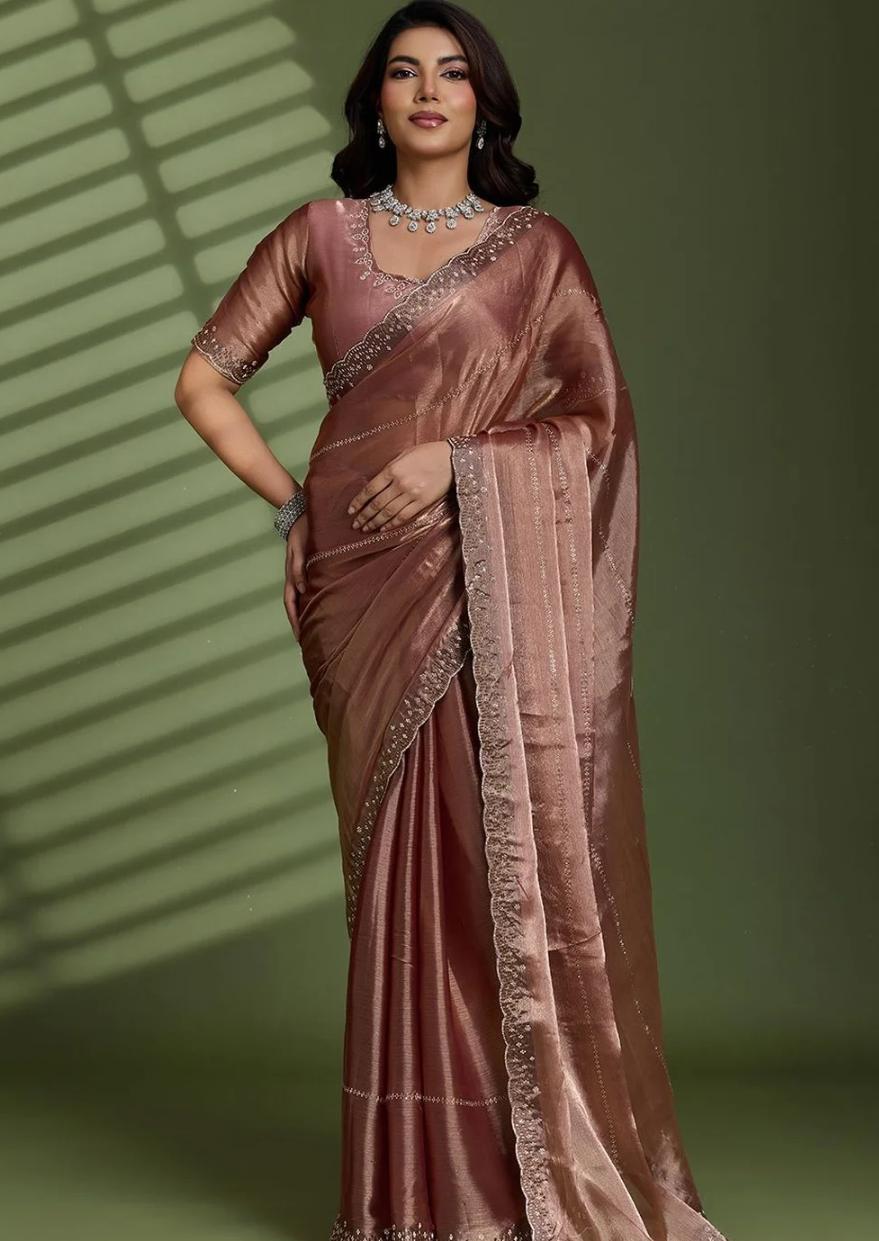 Enchanting Rose Gold Metallic Tissue Silk Saree with Embroidered Scalloped Border