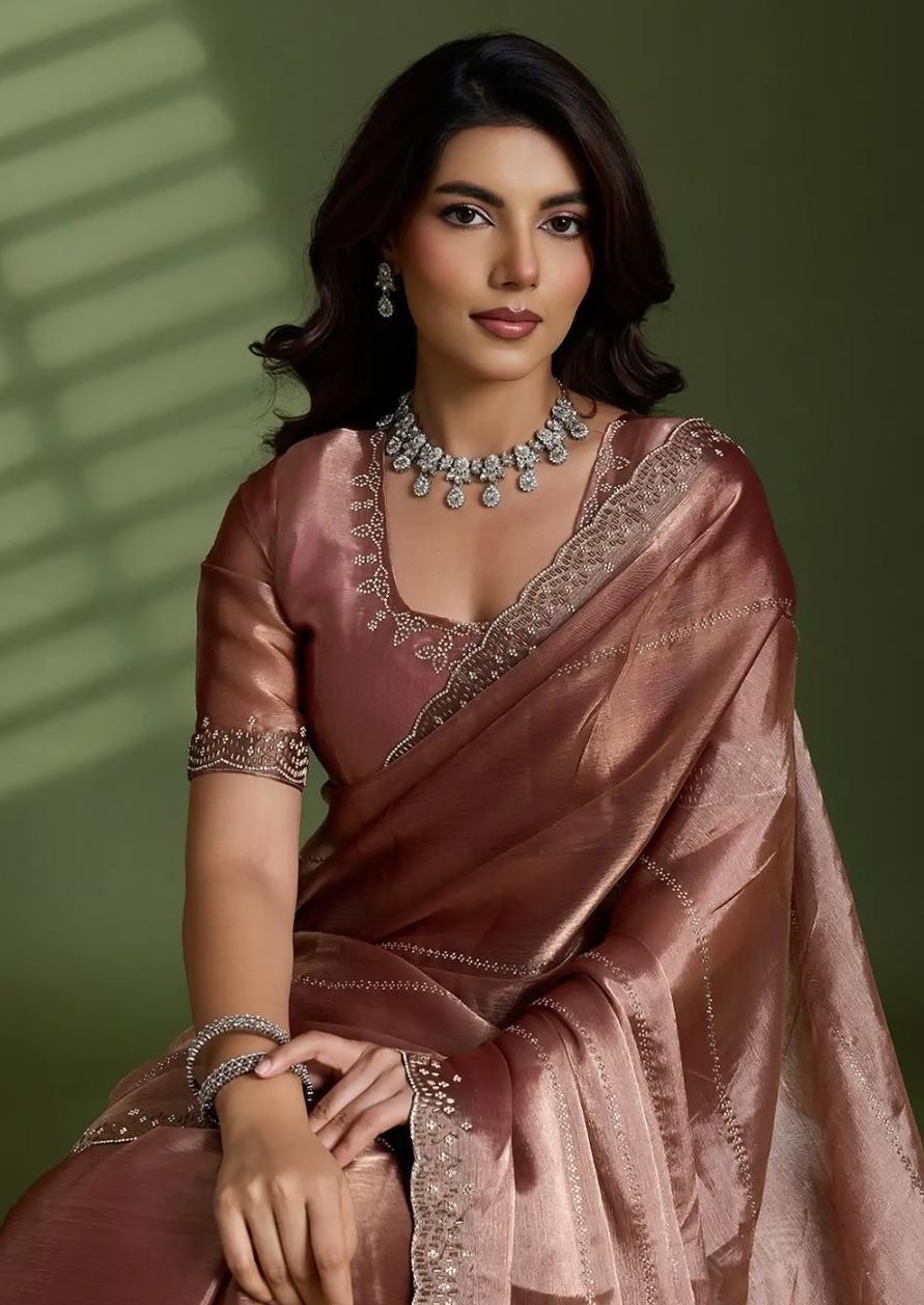 Enchanting Rose Gold Metallic Tissue Silk Saree with Embroidered Scalloped Border