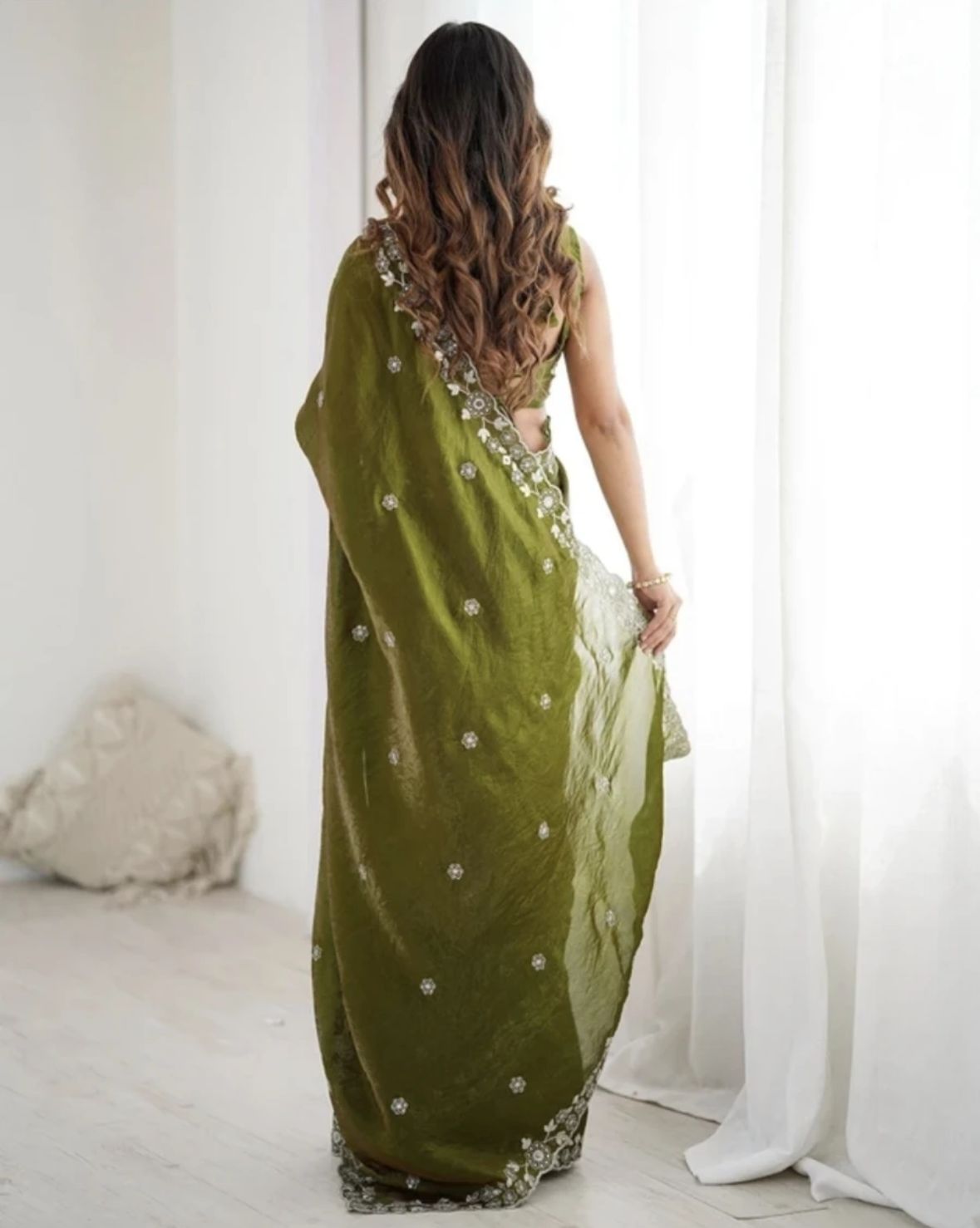 Enchanting Olive Green Saree with Intricate Scalloped Embroidered Border